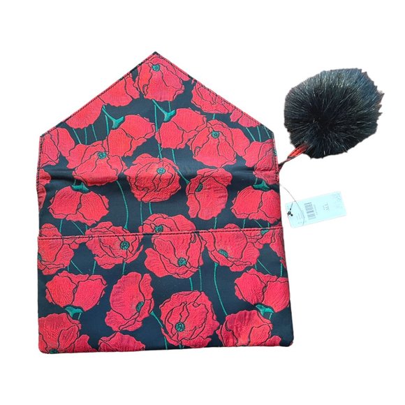 NWT Anthropologie Monserrat De Lucca Black & Red Floral Poppy Clutch w/ Pom Pom - Picture 5 of 8